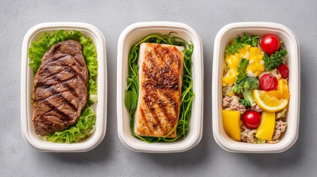 Delicious and nutritious lunch options are presented in eco-friendly containers. Grilled steak, salmon, and a vibrant salad are ready for delivery, showcasing healthy catering choices