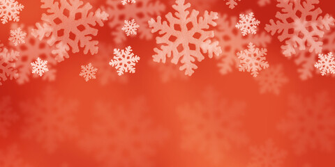 Christmas red background of white snowflakes flying in the air. Holiday card for New Year and Christmas with space for greetings, labels and your design.