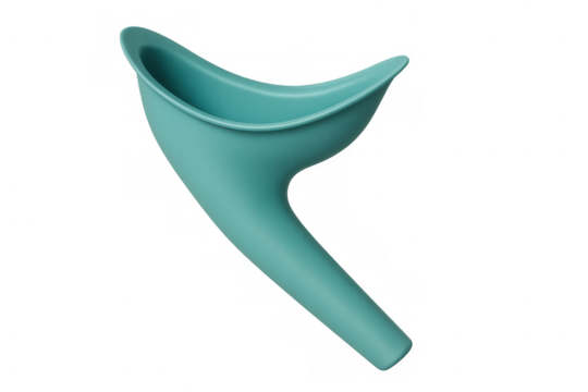 Female urination device for outdoor relief and travel hygiene, presenting a portable pee funnel on transparent background