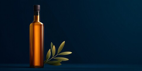 Elegant olive oil bottle with olive leaves studio setting product photography dark background