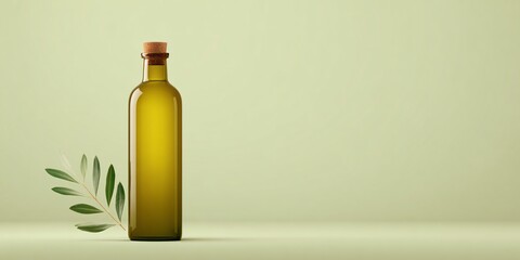 Olive oil bottle with olive leaves minimalist style studio setting natural light product photography