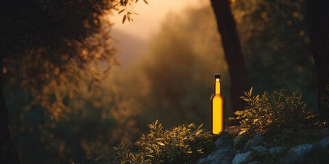 Sunset reflections a bottle of amber liquid amidst nature's serenity outdoor scene warm light tranquil setting