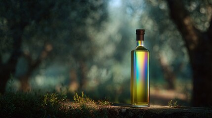 Showcasing exquisite olive oil bottle olive grove product photography natural setting close-up view culinary beauty