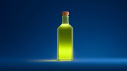 Highlighting a green olive oil bottle on blue background product photography minimalist studio close-up culinary essence