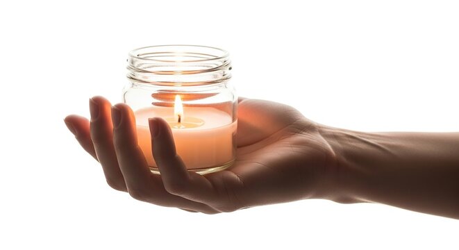 Candle in hand stock photo: cozy light, aromatherapy, relaxation, spa, and home decor inspiration image
