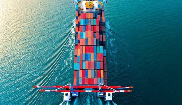 Top view of a container ship at full capacity nearing the port, loading and unloading at the seaport, freight transportation, shipping, logistics
