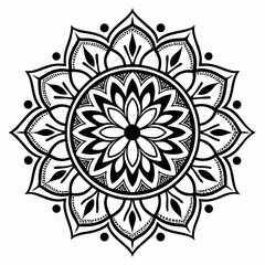 Intricate black and white mandala design with floral petals