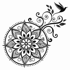 Black and white mandala design with a flying bird and floral elements