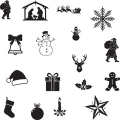 Mega Christmas Silhouette Icon Set Santa, Nativity, Snowman, Ornaments, and Holiday Symbols