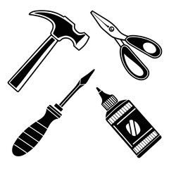 Collection of black and white icons representing common tools and craft supplies