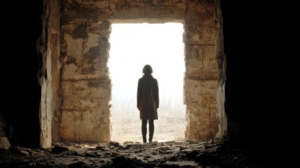 Silhouette Of A Person Standing In A Doorway Of An Abandoned Building. Exploring Solitude And Mystery