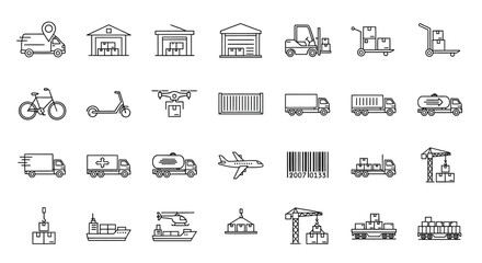 Fototapeta premium Collection of simple line icons depicting various modes of transportation and industrial vehicles on a white background.