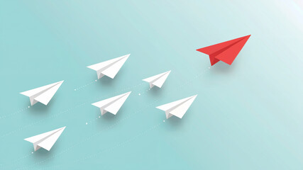 Leadership Concept with Red Paper Airplane Leading White Planes