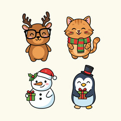 Obraz premium Cute Christmas animal sticker set with cat, reindeer, and penguin, holiday vector illustration. 