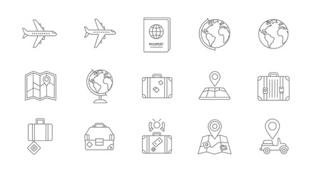 Hand drawn travel and tourism line art icon collection.