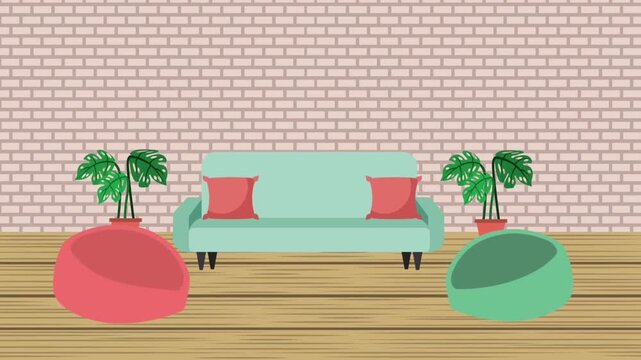 Cozy Living Room Scene with Sofa and Potted Plants interior couch