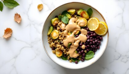 Vegan Buddha bowl with roasted vegetables and tahini dressing