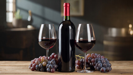 Red Wine Bottle and Glasses with Grapes on Wooden Table