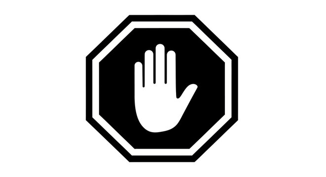 Octagonal sign with a white hand on a black background
