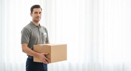 Delivery man holding cardboard box package for shipping and moving services business advertisement