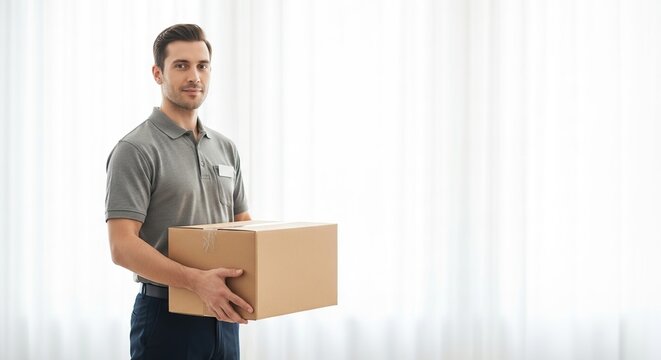 Delivery man holding cardboard box package for shipping and moving services business advertisement