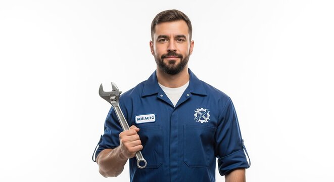 Ace auto mechanic holding wrench ready for car repair and maintenance service for your vehicle needs
