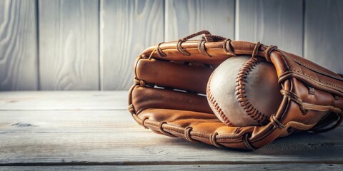A well-worn leather baseball glove rests on a rustic wooden surface, a weathered baseball nestled inside, evoking a sense of nostalgia and cherished memories of past games