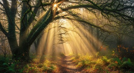Sunbeams through the Woods A Mystical Forest Path at Dawn