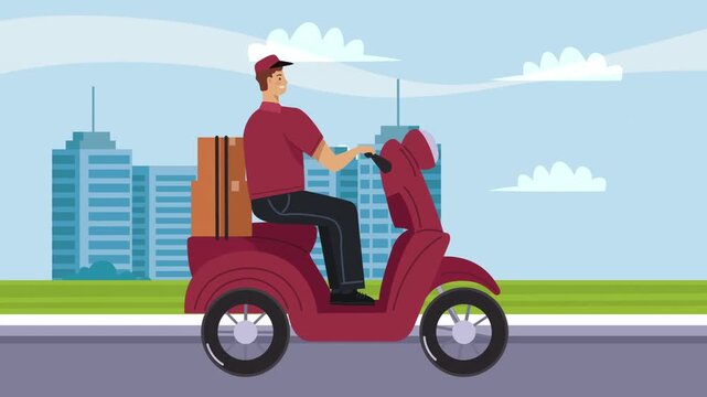 Delivery man riding red scooter with packages in city moped motorcycle