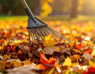 Close-up of rake amid autumn leaves, sunlit golden