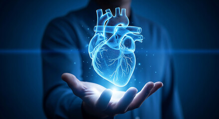 Blue wireframe human heart hovering above open palm with glowing light anatomy medical