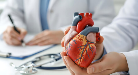 Doctor holding anatomical heart model with stethoscope and medical notes anatomy human