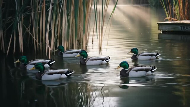 A Group Of Mallard Ducks Swimming In Calm Water At Sunrise With Reeds In The Background And A Dock With The Words Tranquility Cove Visible