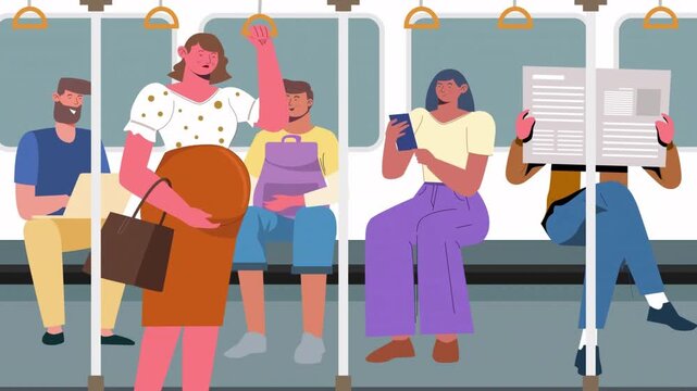 Diverse people riding on a train holding onto poles and bags passengers subway