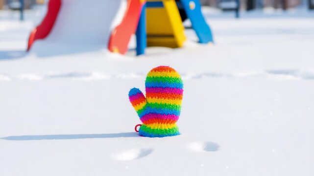 A lost colorful child's mitten stands alone in the snow. Forgotten rainbow glove on a winter playground. Childhood concept with copy space