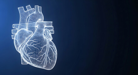 White wireframe human heart anatomy on dark blue background medical science