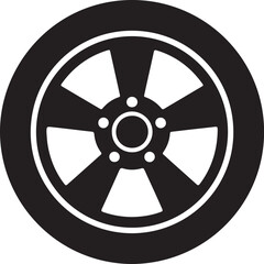Fototapeta premium Black and white car wheel icon with tire and five-spoke rim for automotive and transport design needs