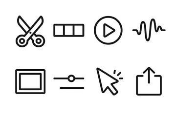 Video editing linear icon set. featuring scissors, timeline, play, audio wave, image, slider, cursor, share