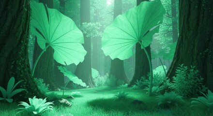 Enchanted Forest Pathway Bathed in Ethereal Green Light, Featuring Majestic Giant Tropical Foliage and Towering Ancient Trees, Creating a Mystical and Serene Dreamscape