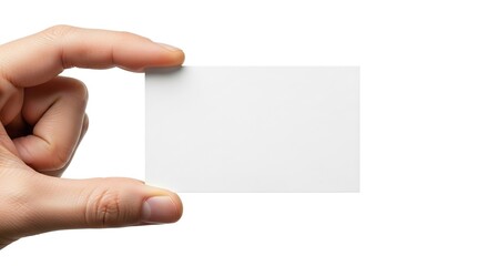 Hand holding blank business card mockup template for branding and design presentation on white background