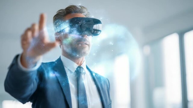 Confident professional explores immersive digital data through cutting edge AR headset, blending real and virtual worlds. Modern workplace showcases future of business technology - Powered by Adobe