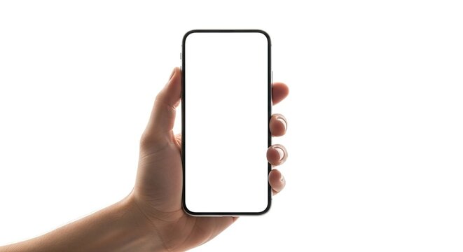 Hand holding smartphone mockup with blank white screen for app ui ux design and product placement