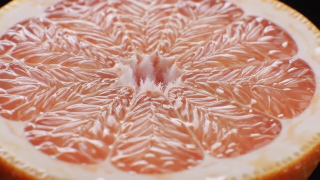 Close Up Macro Shot Of Juicy Pink Grapefruit Pulp Texture With Detailed Segments And Reflective Surface