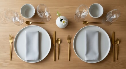 Elegant Dining Setting with Golden Cutlery and White Napkins for a Formal Meal