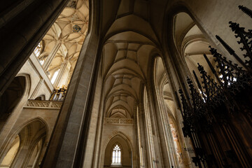 Kutná Hora, Czech Republic – August 8, 2025: Interior view of St. Barbara’s Cathedral with Gothic vaulted ceiling and ribbed arches in Kutná Hora, Central Bohemia