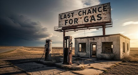 Deserted Gas Station Under Stormy Skies - Last Chance for Fuel.