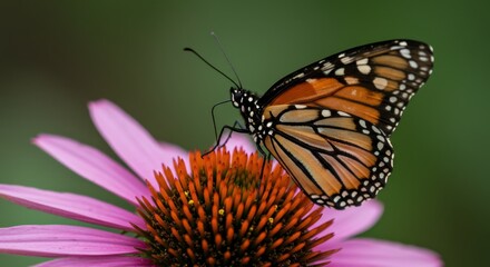 Obraz premium Vivid orange and black butterfly rests upon a vibrant pink and orange flowering plant.