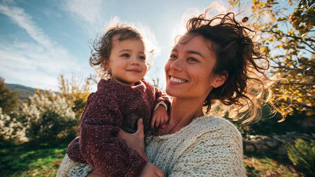 Mother hugs child in spring garden, sunlit family bonds and unconditional love for parenting messaging, outdoor joy, and generational connection.