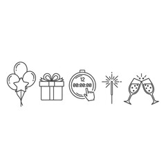 New Year Celebration Icons Set with Balloons Gift Clock Sparkler and Champagne Glasses.