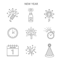 Naklejka premium New Year Celebration Icons Set with Fireworks Champagne and Clock.